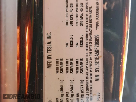 2019 Tesla Model 3 Mid Range with VIN 5YJ3E1EA5KF298099, listed as a Copart auction lot 42227475 with Not Provided miles and Non Repairable. Bid and sale history available at DreamBid. Image 13.