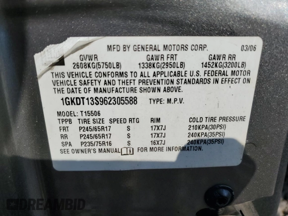 2006 GMC Envoy SLT with VIN 1GKDT13S962305588, listed as a Copart auction lot 69196964 with 118,289 mi miles and Salvage Title. Bid and sale history available at DreamBid. Image 14.