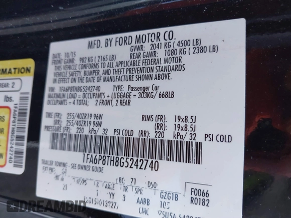 2016 Ford Mustang EcoBoost with VIN 1FA6P8TH8G5242740, listed as a IAAI auction lot 41669556 with 91,426 mi miles. Bid and sale history available at carsss.com. Image 9.