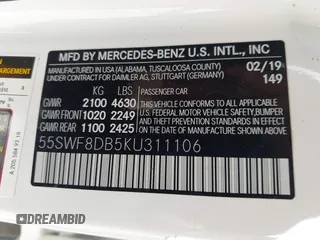 2019 Mercedes-Benz C 300 with VIN 55SWF8DB5KU311106, listed as a IAAI auction lot 42022680 with Not provided miles and . Bid and sale history available at DreamBid. Image 9.