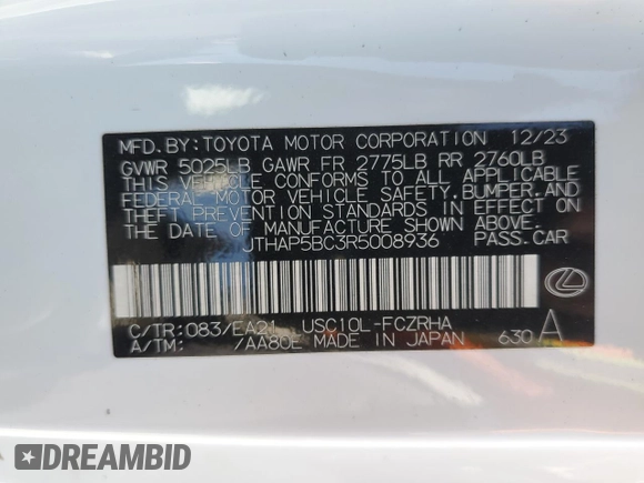 2024 Lexus RC with VIN JTHAP5BC3R5008936, listed as a Copart auction lot 60244375 with 39,857 mi miles and Salvage title. Bid and sale history available at DreamBid. Image 12.