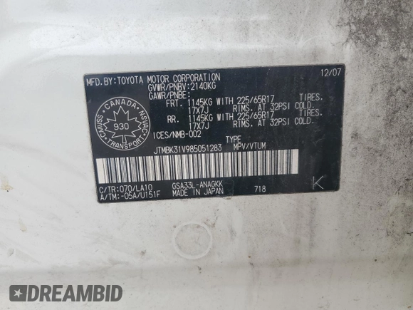 2008 Toyota RAV4 Limited с VIN JTMBK31V985051283, выставлен на аукционе Copart как лот 55838035 с пробегом 291 028 миль миль и Списание • Salvage title. История ставок и продаж доступна на DreamBid. Изображение 13.