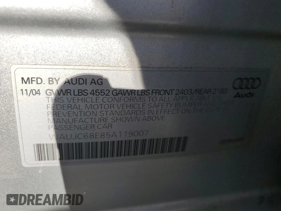 2005 Audi A4 1.8T z VIN WAUJC68E85A119007, wystawiony jako Copart lot #55293565 z przebiegiem 155 085 mil mil oraz Czysty tytuł • Clean title. Historia ofert i sprzedaży dostępna na DreamBid. Obrazek 12.