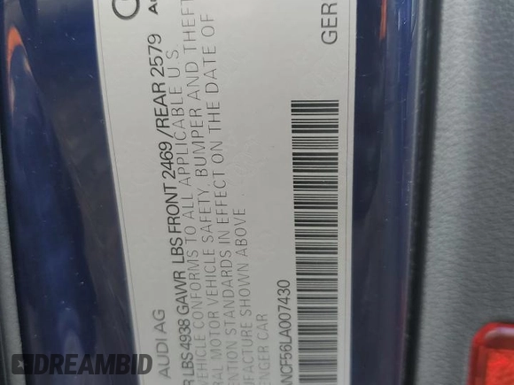 2020 Audi A5 Sportback Premium with VIN WAUANCF56LA007430, listed as a Copart auction lot 87229744 with Not provided miles and Salvage title. Bid and sale history available at DreamBid. Image 12.