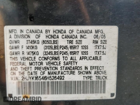 2006 Honda Ridgeline RTL with VIN 2HJYK16546H526492, listed as a Copart auction lot 49351695 with 193,622 mi miles and Salvage Title. Bid and sale history available at DreamBid. Image 14.