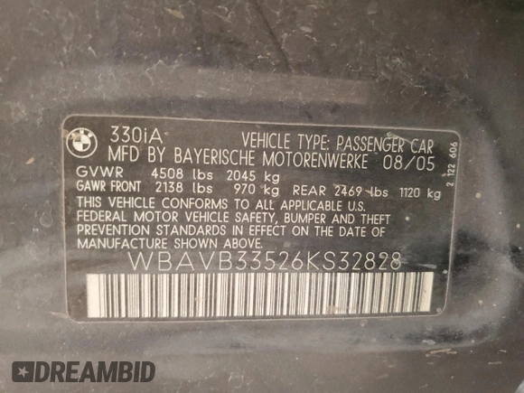 2006 BMW 3 Series 330i z VIN WBAVB33526KS32828, wystawiony jako Copart lot #48359995 z przebiegiem 121 936 mil mil oraz Szkoda całkowita • Salvage title. Historia ofert i sprzedaży dostępna na DreamBid. Obrazek 12.