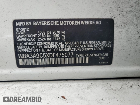 2013 BMW 3 Series 335i with VIN WBA3A9C5XDF475077, listed as a Copart auction lot 43806875 with 148,611 mi miles and Non Repairable. Bid and sale history available at carsss.com. Image 12.