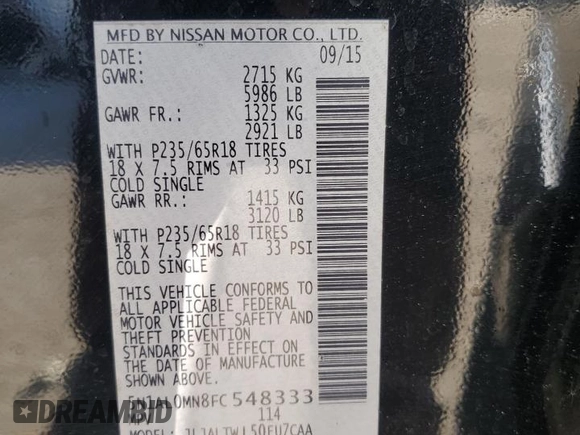 2015 Infiniti QX60 with VIN 5N1AL0MN8FC548333, listed as a Copart auction lot 55076595 with 131,308 mi miles and Salvage Title. Bid and sale history available at DreamBid. Image 15.