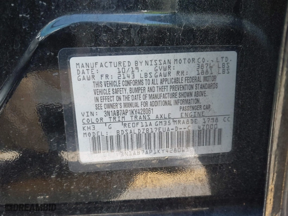 2019 Nissan Sentra SR with VIN 3N1AB7AP1KY428061, listed as a IAAI auction lot 41632633 with 95,648 mi miles. Bid and sale history available at carsss.com. Image 9.