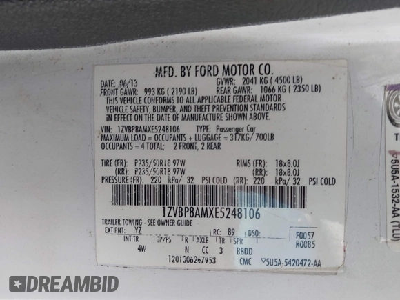 2014 Ford Mustang V6 с VIN 1ZVBP8AMXE5248106, выставлен на аукционе IAAI как лот 42491300 с пробегом 144 587 миль миль и . История ставок и продаж доступна на DreamBid. Изображение 9.