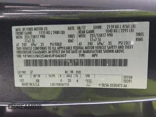2017 Ford Escape SE with VIN 1FMCU9GD4HUF04307, listed as a IAAI auction lot 41963142 with 78,175 mi miles. Bid and sale history available at carsss.com. Image 9.