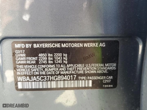 2017 BMW 5 Series 530i with VIN WBAJA5C37HG894017, listed as a Copart auction lot 46874095 with 128,150 mi miles and Salvage Title. Bid and sale history available at carsss.com. Image 14.