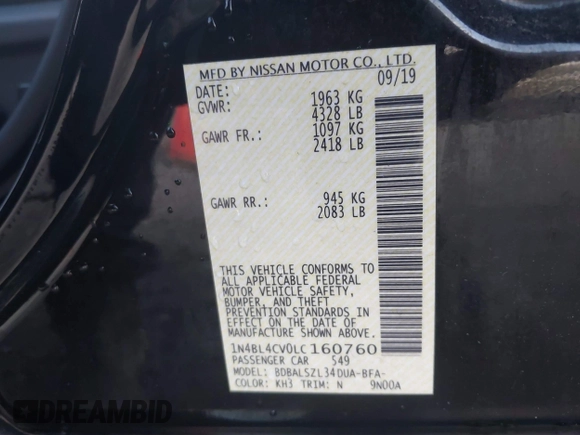 2020 Nissan Altima SR with VIN 1N4BL4CV0LC160760, listed as a IAAI auction lot 41108442 with 71,578 mi miles and . Bid and sale history available at carsss.com. Image 9.