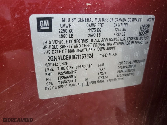 2016 Chevrolet Equinox LT with VIN 2GNALCEK0G1157024, listed as a Copart auction lot 89355405 with 162,958 mi miles and Salvage Title. Bid and sale history available at carsss.com. Image 14.
