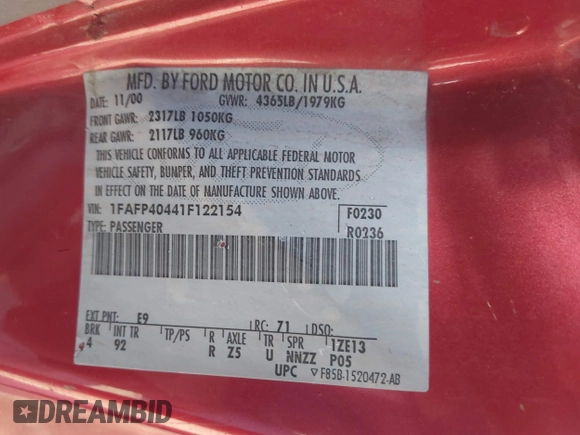 2001 Ford Mustang Standard z VIN 1FAFP40441F122154, wystawiony jako IAAI lot #41866131 z przebiegiem 214 865 mil mil oraz . Historia ofert i sprzedaży dostępna na DreamBid. Obrazek 9.