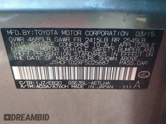 2015 Lexus IS 250 with VIN JTHCF1D2XF5025687, listed as a IAAI auction lot 41130492 with 115,826 mi miles and . Bid and sale history available at DreamBid. Image 9.