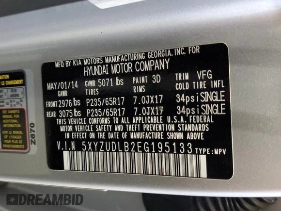 2014 Hyundai Santa Fe with VIN 5XYZUDLB2EG195133, listed as a Copart auction lot 52487195 with 191,369 mi miles and Non repairable. Bid and sale history available at DreamBid. Image 12.
