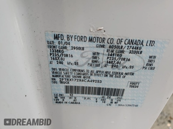 2004 Ford F-150 XL z VIN 2FTRX172X4CA49253, wystawiony jako Copart lot #63192915 z przebiegiem 372 644 mil mil oraz Szkoda całkowita • Salvage title. Historia ofert i sprzedaży dostępna na DreamBid. Obrazek 12.