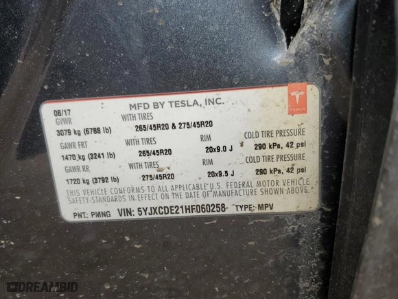 2017 Tesla Model X 90D with VIN 5YJXCDE21HF060258, listed as a Copart auction lot 43822855 with NaN miles and Salvage Title. Bid and sale history available at carsss.com. Image 13.