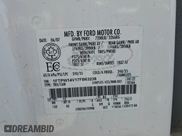 2007 Ford F-150 XLT with VIN 1FTPW14V17FB63238, listed as a Copart auction lot 52398225 with 171,121 mi miles and Salvage title. Bid and sale history available at DreamBid. Image 12.