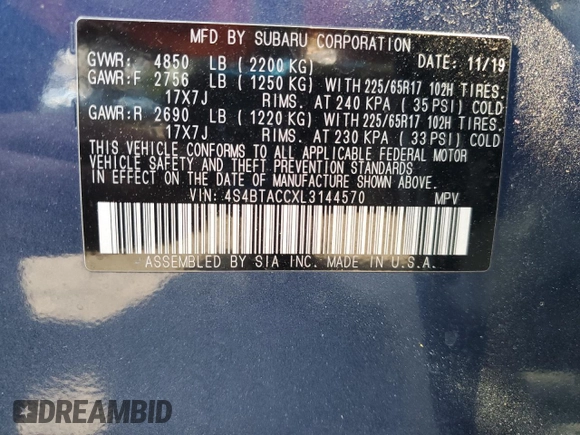 2020 Subaru Outback Premium с VIN 4S4BTACCXL3144570, выставлен на аукционе Copart как лот 54831255 с пробегом 20 157 миль миль и Списание • Salvage title. История ставок и продаж доступна на DreamBid. Изображение 13.