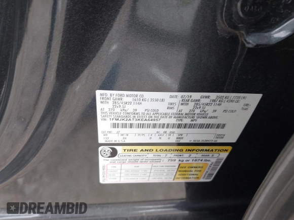 2019 Ford Expedition Max Limited with VIN 1FMJK2AT3KEA64957, listed as a IAAI auction lot 41034934 with 62,199 mi miles and . Bid and sale history available at DreamBid. Image 9.