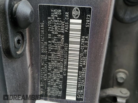 2018 Toyota Camry LE с VIN 4T1B11HK6JU573623, выставлен на аукционе Copart как лот 61994865 с пробегом Не указан миль и Списание • Salvage title. История ставок и продаж доступна на DreamBid. Изображение 12.