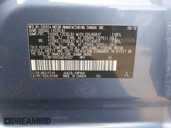 2012 Toyota RAV4 с VIN 2T3BF4DV5CW246207, выставлен на аукционе IAAI как лот 42235844 с пробегом 189 280 миль миль и . История ставок и продаж доступна на DreamBid. Изображение 9.