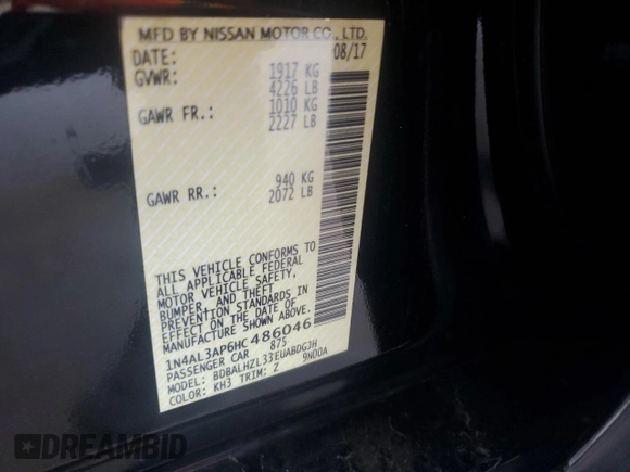 2017 Nissan Altima SL z VIN 1N4AL3AP6HC486046, wystawiony jako Copart lot #56829005 z przebiegiem Nie podano mil oraz Szkoda całkowita • Salvage title. Historia ofert i sprzedaży dostępna na DreamBid. Obrazek 12.