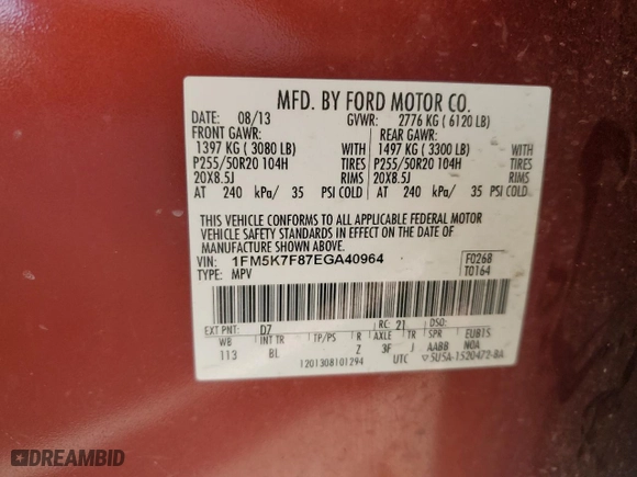 2014 Ford Explorer Limited with VIN 1FM5K7F87EGA40964, listed as a Copart auction lot 86596654 with 251,133 mi miles and Clean Title. Bid and sale history available at carsss.com. Image 13.
