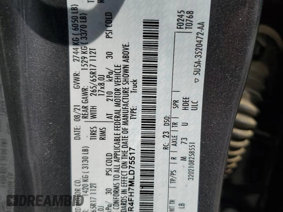 2021 Ford Ranger XL with VIN 1FTER4FH7MLD75517, listed as a Copart auction lot 59652865 with 96,652 mi miles and Salvage title. Bid and sale history available at DreamBid. Image 12.