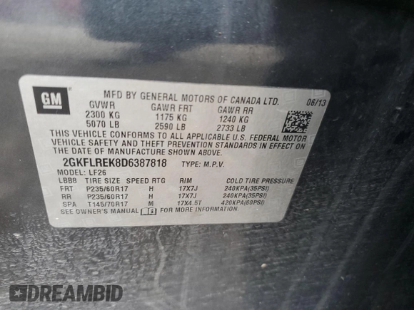 2013 GMC Terrain SLE with VIN 2GKFLREK8D6387818, listed as a Copart auction lot 64314845 with 205,797 mi miles and Clean title. Bid and sale history available at DreamBid. Image 13.