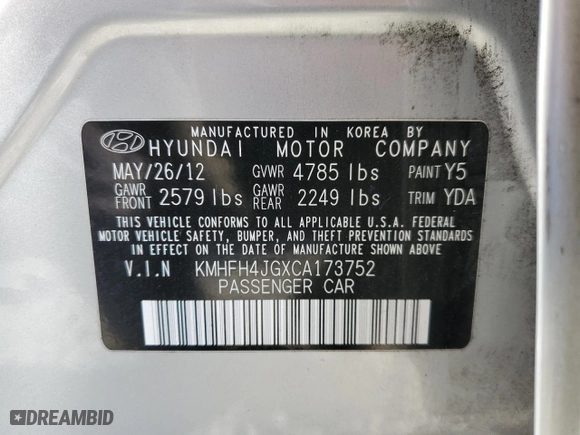 2012 Hyundai Azera with VIN KMHFH4JGXCA173752, listed as a Copart auction lot 83555664 with 177,711 mi miles and Clean Title. Bid and sale history available at carsss.com. Image 12.
