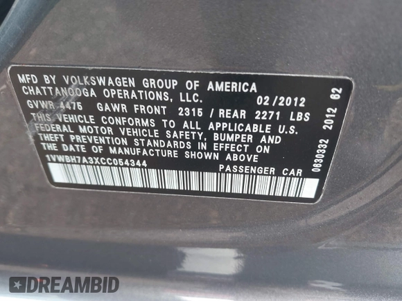 2012 Volkswagen Passat SE с VIN 1VWBH7A3XCC054344, выставлен на аукционе IAAI как лот 41290377 с пробегом 195 009 миль миль и . История ставок и продаж доступна на DreamBid. Изображение 9.