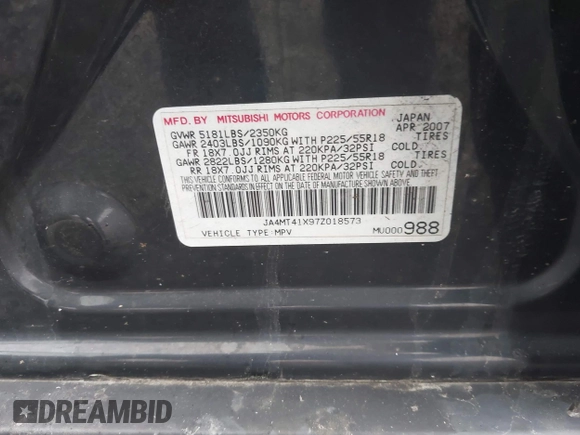 2007 Mitsubishi Outlander XLS z VIN JA4MT41X97Z018573, wystawiony jako IAAI lot #41937728 z przebiegiem 151 346 mil mil oraz . Historia ofert i sprzedaży dostępna na DreamBid. Obrazek 9.