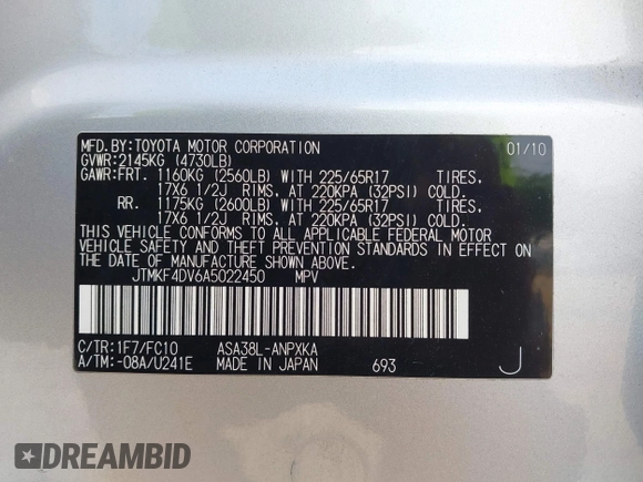 2010 Toyota RAV4 with VIN JTMKF4DV6A5022450, listed as a IAAI auction lot 42209923 with 135,213 mi miles and . Bid and sale history available at DreamBid. Image 9.