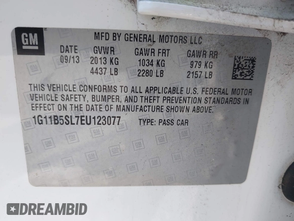 2014 Chevrolet Malibu LS with VIN 1G11B5SL7EU123077, listed as a IAAI auction lot 42094026 with 177,712 mi miles and . Bid and sale history available at DreamBid. Image 9.