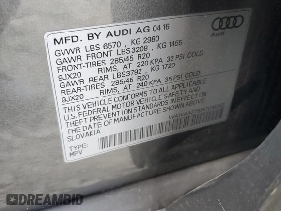 2017 Audi Q7 Prestige with VIN WA1VAAF75HD016562, listed as a Copart auction lot 62058235 with 63,419 mi miles and Salvage title. Bid and sale history available at DreamBid. Image 14.
