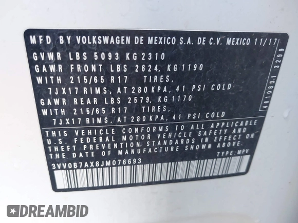 2018 Volkswagen Tiguan S with VIN 3VV0B7AX8JM076693, listed as a IAAI auction lot 42044886 with 109,660 mi miles and . Bid and sale history available at DreamBid. Image 9.