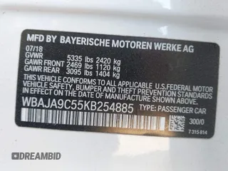 2019 BMW 5 Series 530e iPerformance with VIN WBAJA9C55KB254885, listed as a IAAI auction lot 41398164 with 62,781 mi miles. Bid and sale history available at carsss.com. Image 9.