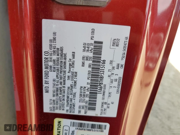 2015 Ford Mustang EcoBoost with VIN 1FA6P8TH8F5315166, listed as a Copart auction lot 51655355 with 82,740 mi miles and Non Repairable. Bid and sale history available at carsss.com. Image 12.