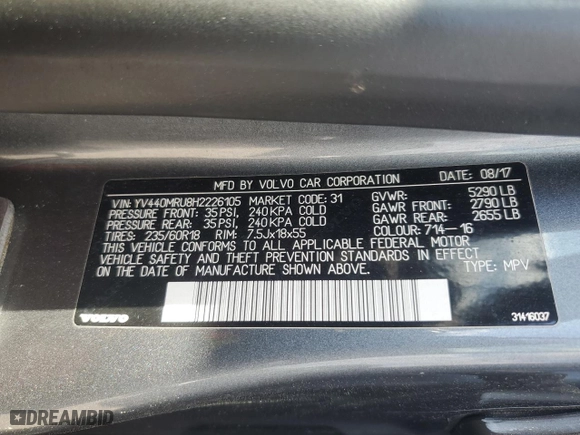 2017 Volvo XC60 Inscription with VIN YV440MRU8H2226105, listed as a Copart auction lot 48654505 with 93,682 mi miles and Salvage Title. Bid and sale history available at carsss.com. Image 13.