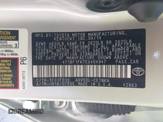 2014 Toyota Camry L with VIN 4T1BF1FK7EU404947, listed as a IAAI auction lot 41762291 with 1 mi miles. Bid and sale history available at carsss.com. Image 9.