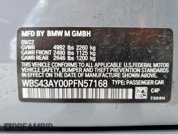 2023 BMW M3 Competition xDrive with VIN WBS43AY00PFN57168, listed as a Copart auction lot 50732415 with 28,453 mi miles and Salvage title. Bid and sale history available at DreamBid. Image 13.