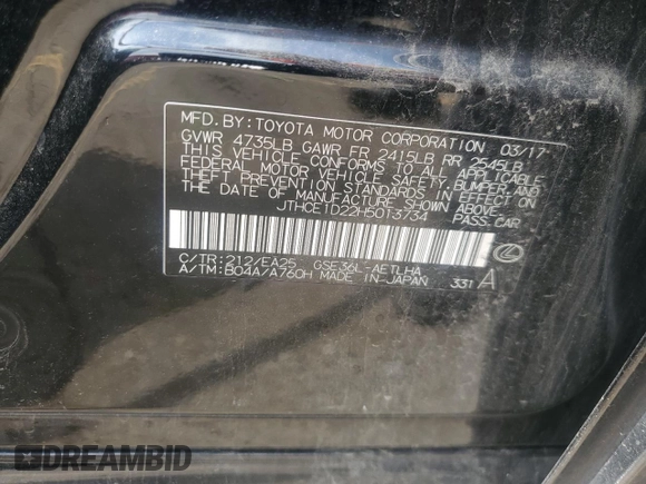 2017 Lexus IS 350 with VIN JTHCE1D22H5013734, listed as a Copart auction lot 62347885 with 93,997 mi miles and Clean title. Bid and sale history available at DreamBid. Image 12.