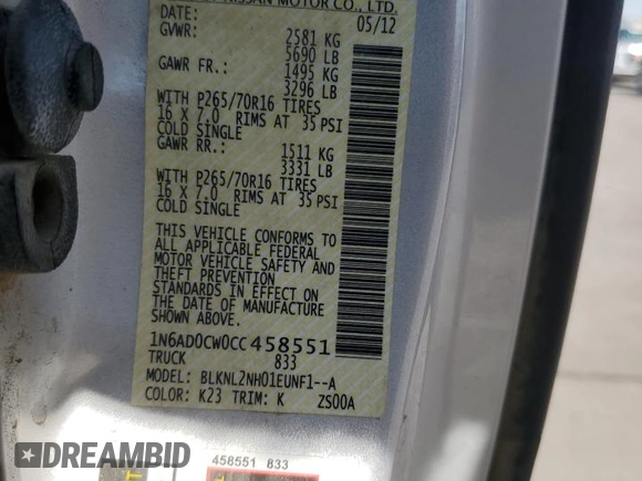 2012 Nissan Frontier SV z VIN 1N6AD0CW0CC458551, wystawiony jako Copart lot #73687094 z przebiegiem 129 461 mil mil oraz Szkoda całkowita • Salvage title. Historia ofert i sprzedaży dostępna na DreamBid. Obrazek 12.