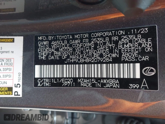 2024 Lexus UX 250h Premium with VIN JTHP9JBH8R2079284, listed as a IAAI auction lot 41661905 with 13,478 mi miles and . Bid and sale history available at DreamBid. Image 9.