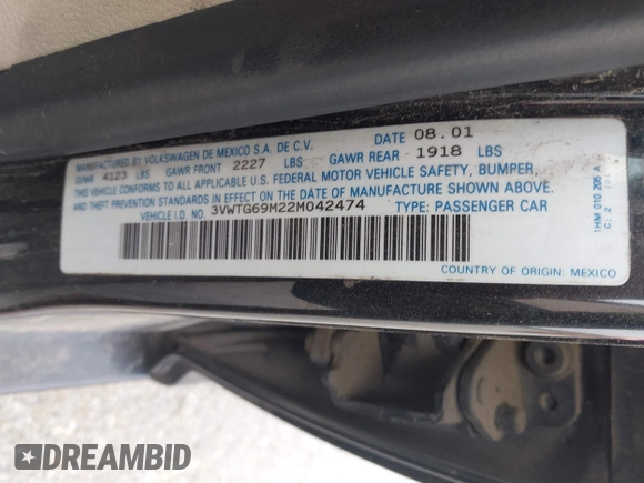 2002 Volkswagen Jetta с VIN 3VWTG69M22M042474, выставлен на аукционе IAAI как лот 41995907 с пробегом Не указан миль и . История ставок и продаж доступна на DreamBid. Изображение 9.