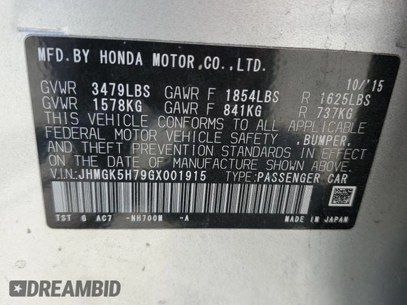 2016 Honda Fit EX z VIN JHMGK5H79GX001915, wystawiony jako Copart lot #58979205 z przebiegiem 135 871 mil mil oraz Szkoda całkowita • Salvage title. Historia ofert i sprzedaży dostępna na DreamBid. Obrazek 12.
