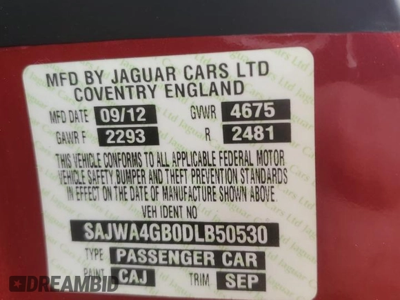 2013 Jaguar XK with VIN SAJWA4GB0DLB50530, listed as a Copart auction lot 82715724 with 24,634 mi miles and Salvage Title. Bid and sale history available at carsss.com. Image 12.